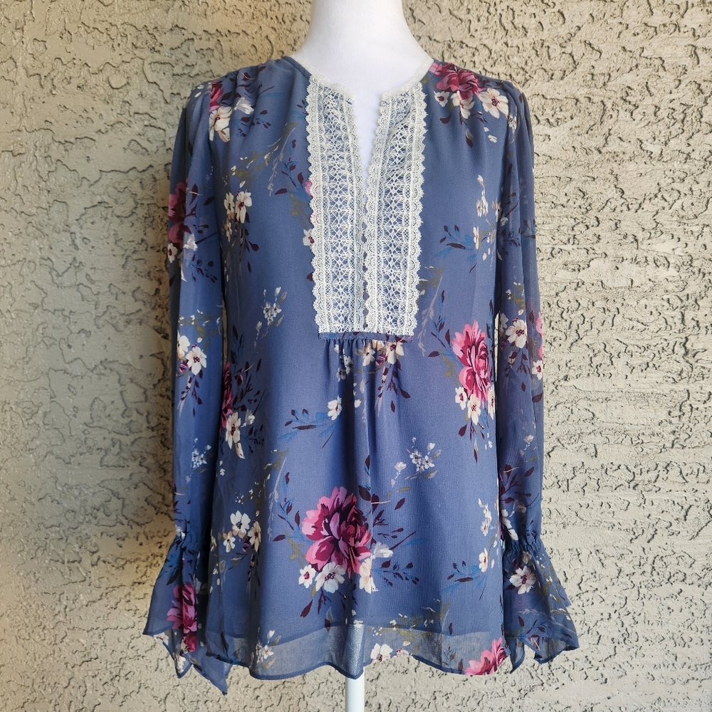 White‎ House Black Market Floral Romantic Peasant Blouse Lace Trim Size 4